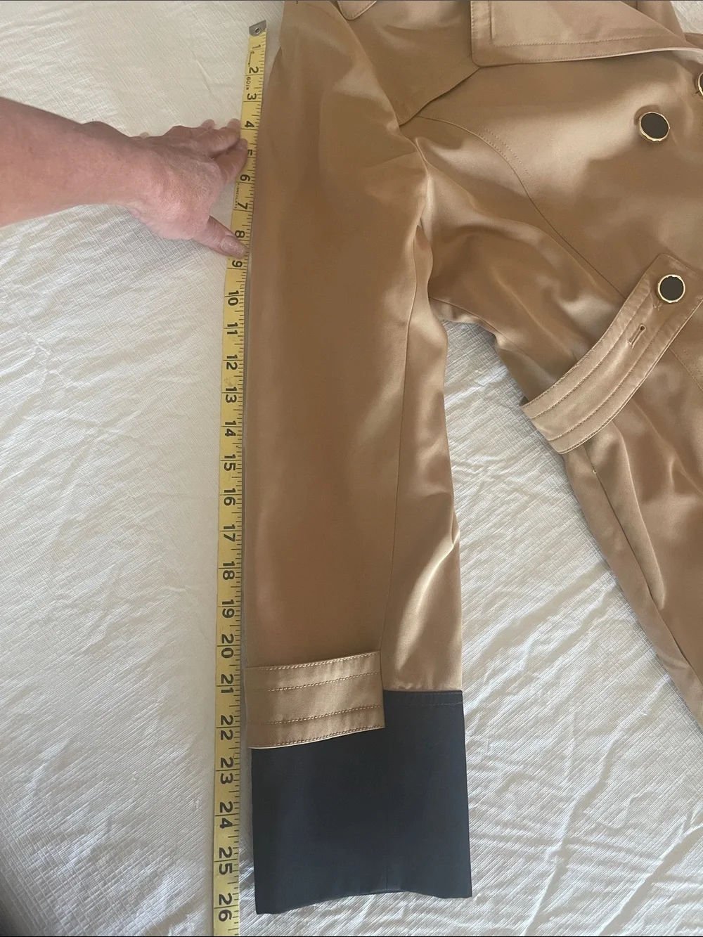 BGSD Classic Beige Trench Coat with Black Contrast Cuffs and Hood NWOT Size XL